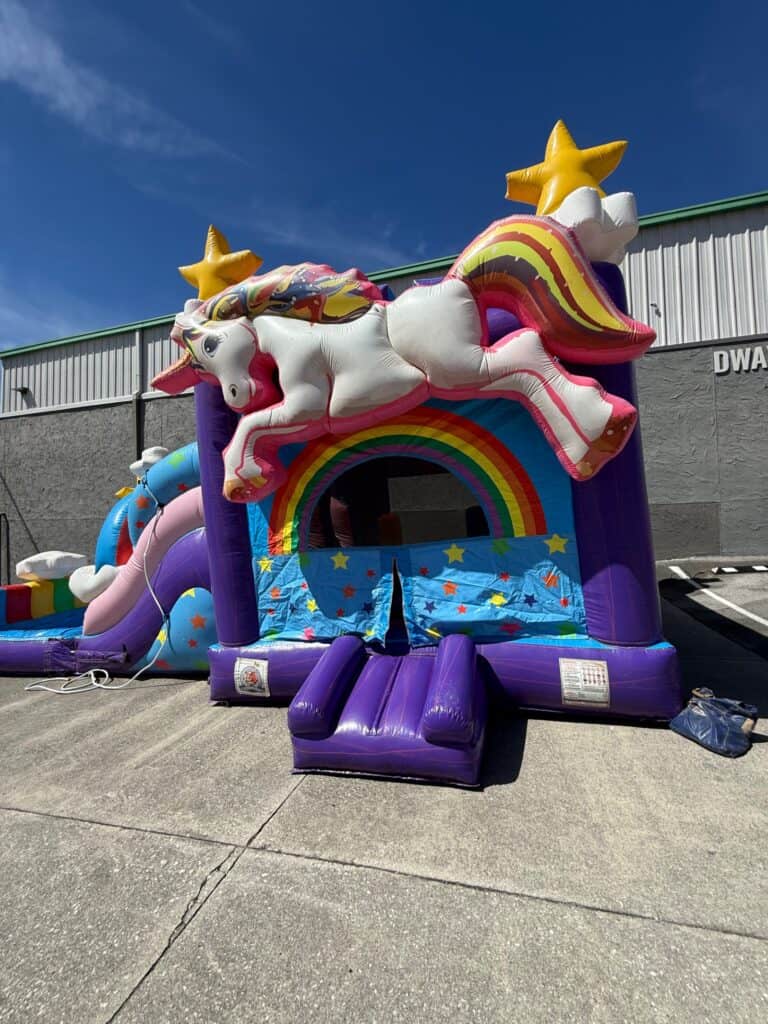 Unicorn bounce house rental set up for a birthday party in Knoxville TN